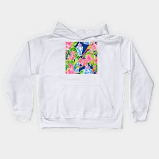 Macaw parrots and chinoiserie jars on navy blue Kids Hoodie